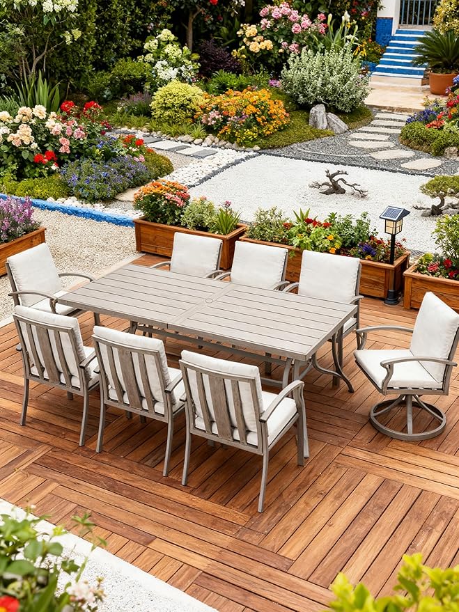 SEEHILL Patio Dining Table for 8, Aluminum Outdoor Dining Table with Umbrella Hole, 84" x 38.6" Rectangular Patio Table for Outside, Outdoor Patio Table for Deck, Garden Poolside, Limed Oak