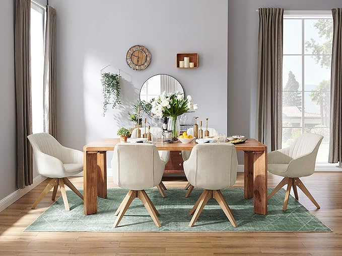 Art Leon Mid Century Modern Dining Chair - Fabric Upholstered Swivel Dining Chair, Kitchen Dining Room Chair with Oak Wood Legs, Leisure Side Chair with Arms, Off White