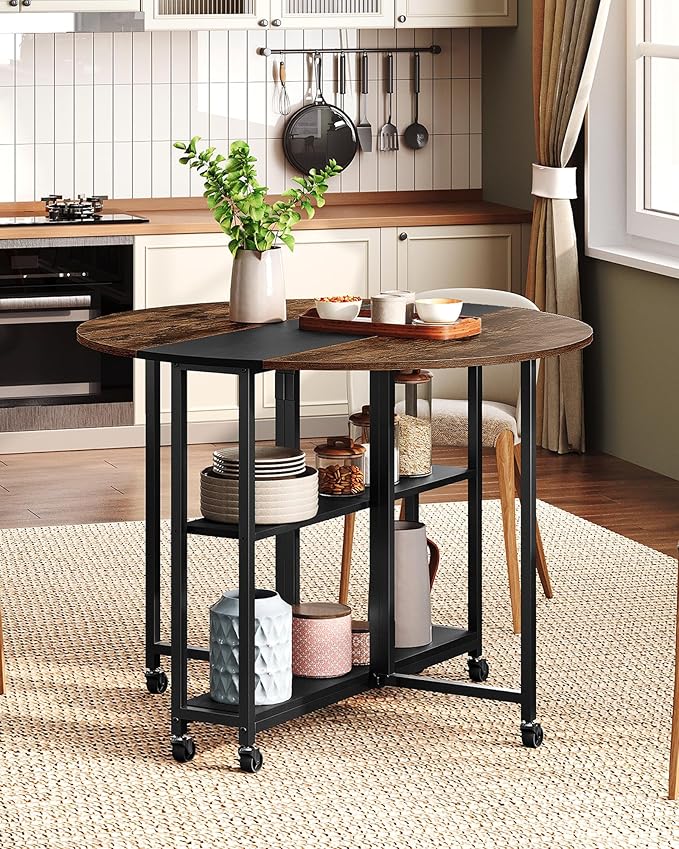 CHOEZON Folding Dining Table, Kitchen Table with 6 Wheels, Folding Round Table with 2-Layer Storage Shelf, Space Saving Di...