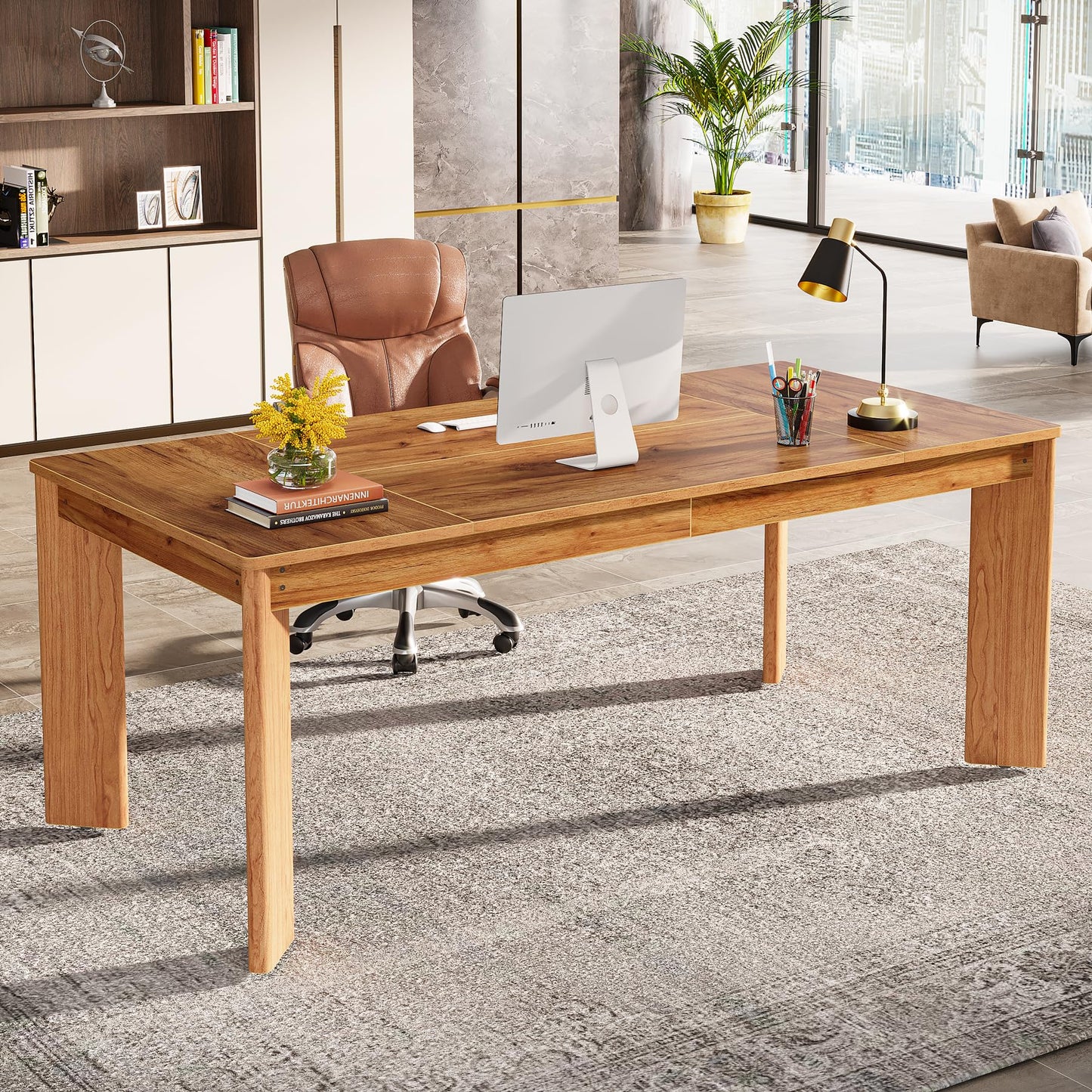Tribesigns 62-Inch Large Executive Desks, Modern Computer Office Desk, Study Writing Table Home Office Desk Workstation with Thickened Wooden Legs, Brown