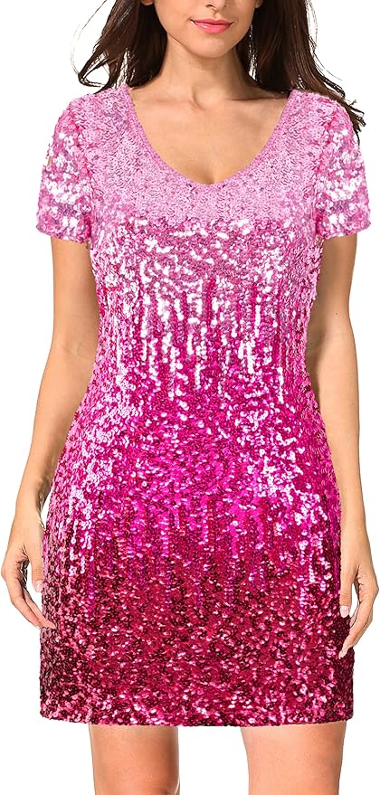 MANER Women's Sequin Glitter Short Sleeve Dress Sexy V Neck Mini Party Club Bodycon Dresses