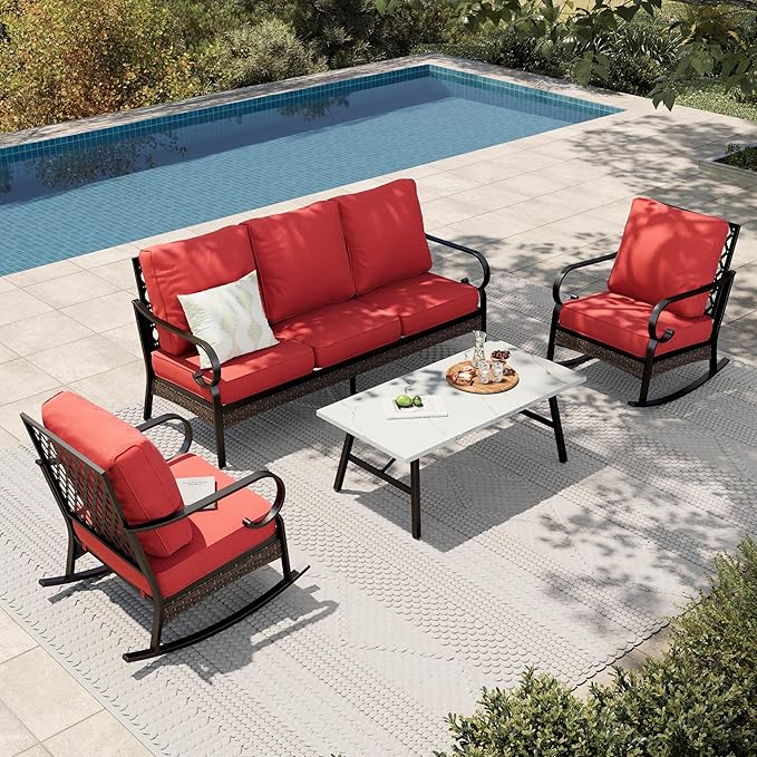 HERA'S HOUSE 4 Piece Metal Patio Furniture Set, All Weather Outdoor Conversation Set with 3 Seat Sofa, 2 Rocking Chairs & Coffee Table, Seats 5 for Backyard, Garden, Deck, Red