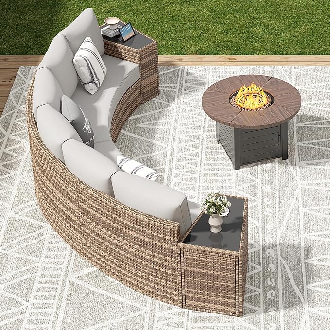Patio Furniture Sets, 6 Piece Half-Moon Sectional Round Sofa Set, Outdoor Patio Furniture with Cushions for Beach, Pool, Balcony, Beige