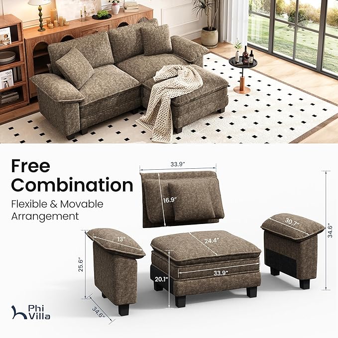 PHI VILLA Cloud Modular Couches Sets, 87.5" Sectional Loveseat Sofa with 1 Movable Ottoman, 3-Seater Comfy Couches for Living Room Apartment, Chenille Fabric, Taupe