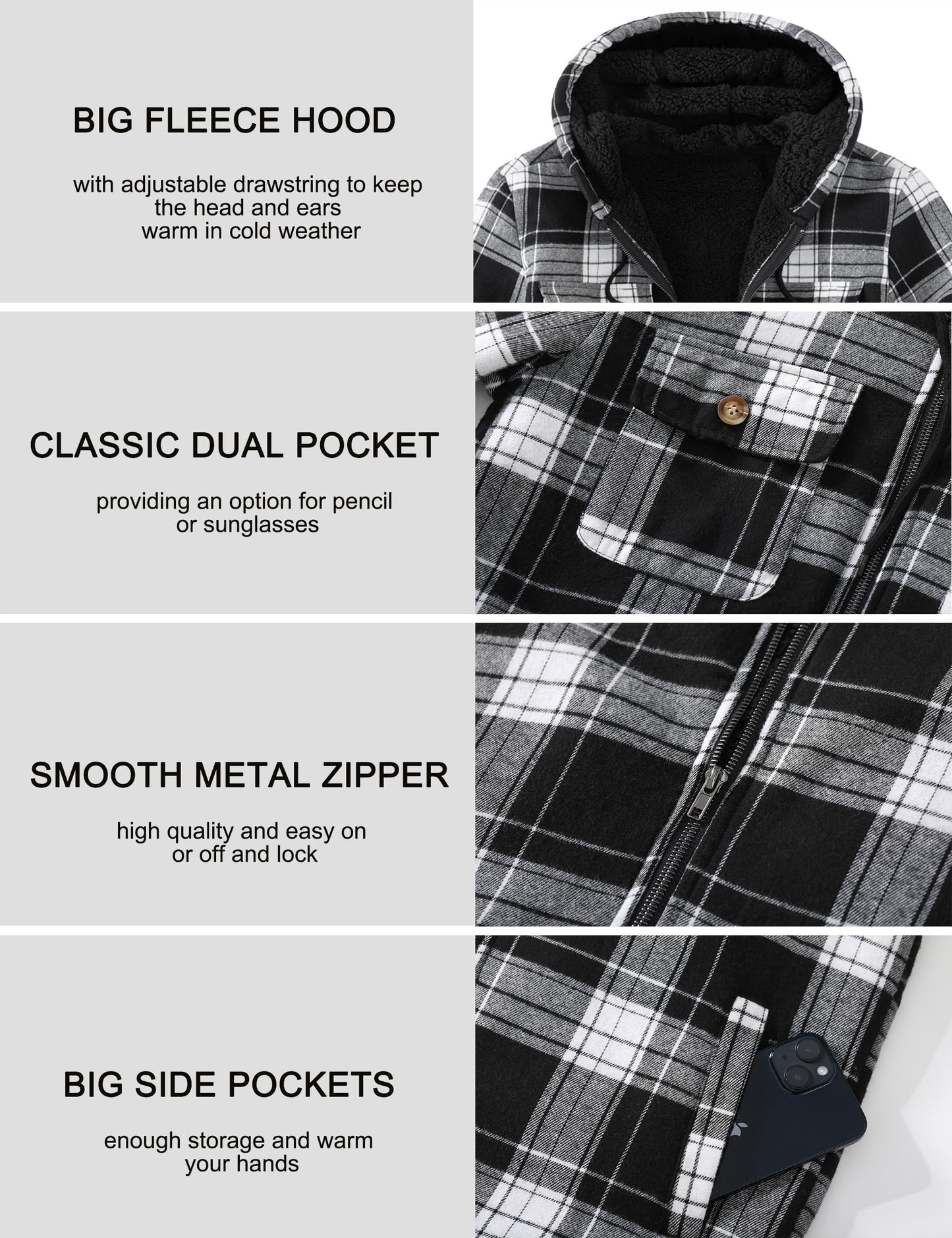 Ephemoca Men's Fleece Flannel Jacket Zip Up Plaid Cotton Hoodie Sherpa Lined Shirt Jacket Winter Warm Coats with Hood Black Large