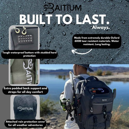 Baitium Fishing Backpack, Tackle Bag With Rod Holders, 40L Capacity With Cooler, Rain Cover, Insulated Pocket, 4 Tackle Trays Included- (Green)