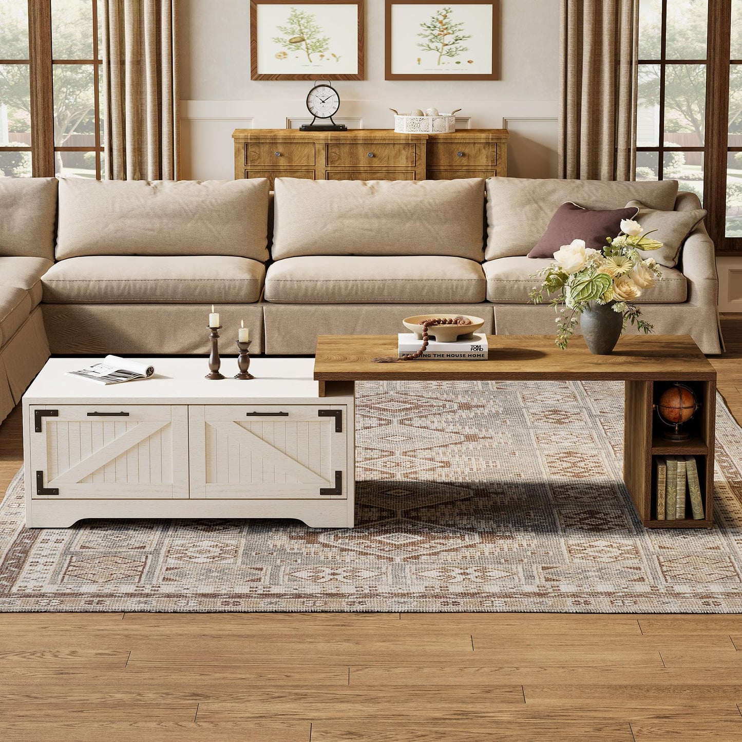 Tribesigns Extendable Large Coffee Center Table for Living Room, 47.24-Inch Farmhouse Rectangle Tea Cocktail Table with 2 Storage Drawers and Open Shelves, White and Rustic Brown