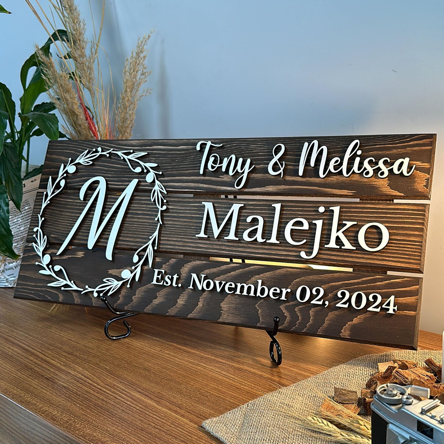 Personalized Wooden Monogram Family Sign with Couples Names, Custom Name Sign, Unique Wedding Gift for Couples, Rustic Established Date Plaque, Gifts for Wife