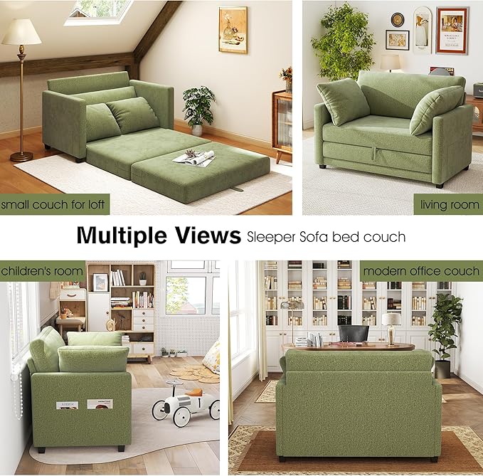 kakuboohi 51" Loveseat Sleeper Sofa Bed, Chenille Convertible Floor Sofa Bed for Small Spaces, Folding Couch Bed with Deep Seat, 2 Pillows & Solid Frame, Pull Out Floor Couch for Living Room, Green
