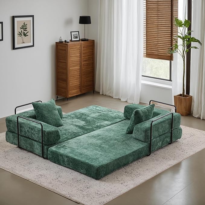 Convertible Couch Sofa Bed Foldable Floor Sleeper | Modern Fold Out Couch | Removable Backrest & Armrests | No Assembly Compression Sofa Sleeper for Living Room, Bedroom | Green Chenille