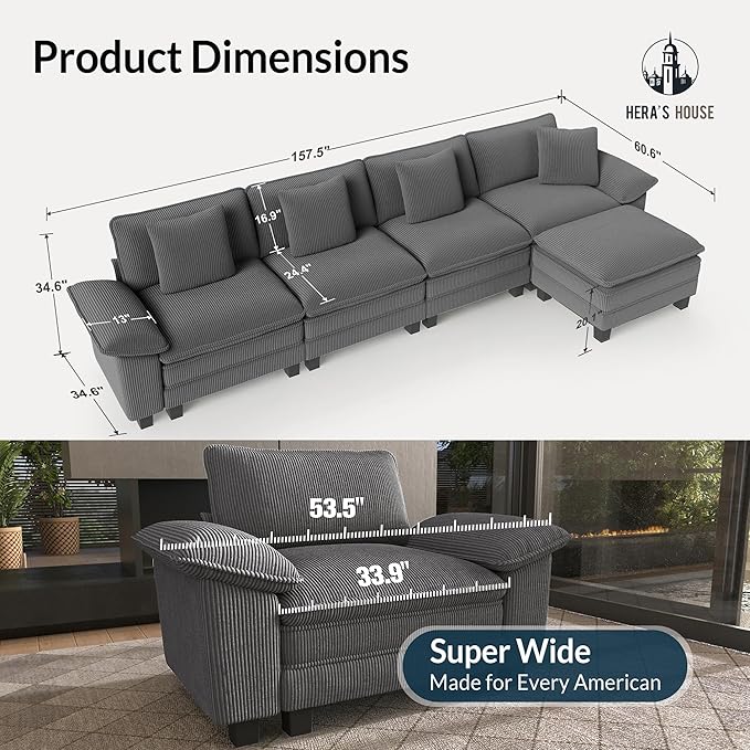 HERA'S HOUSE 158" Modular Sectional Sofa, Oversized L Shaped Couches for Living Room, Comfy Cloud Couch with Ottoman, 5-Seater Deep Seat Sofa with Throw Pillow, Corduroy Grey