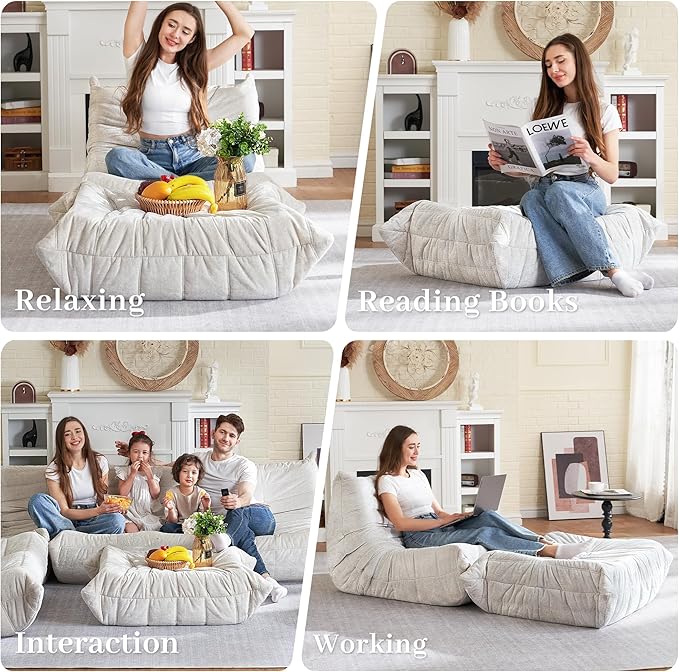 HABUTWAY Bean Bag Ottoman,Foot Rest,Fireside Chair Memory Foam Lazy Bean Bag Sofa for Living Room,Bedroom,Dorm,Office (Ottoman-Beige)