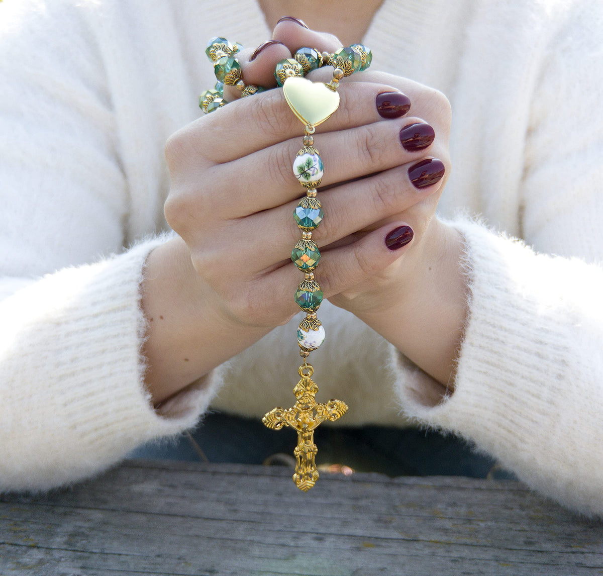Nazareth Store Catholic Green Crystal Beads 10mm Gold Rosary Flowers Beaded Necklace Miraculous Heart Locket Medal & Cross Relig
