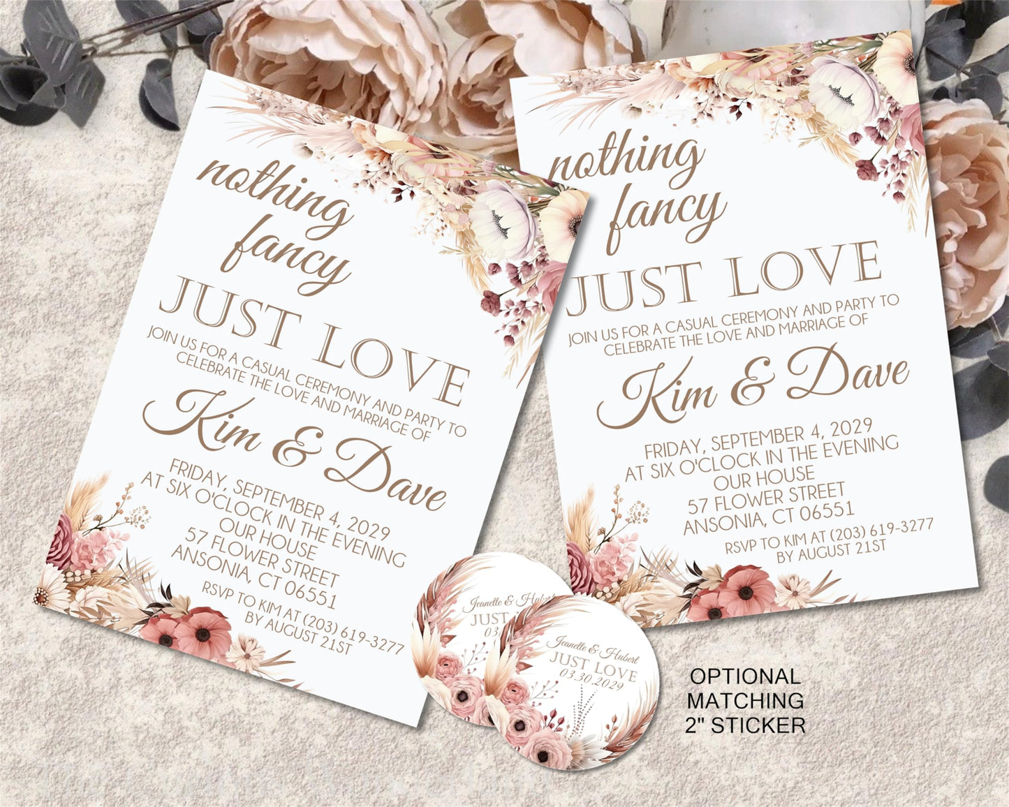 Boho Wedding Inviations, Set of 12 - Pampas Grass Wedding Invitations With Envelopes, Boho Pampas Wedding Invitation (Pampas Grass)