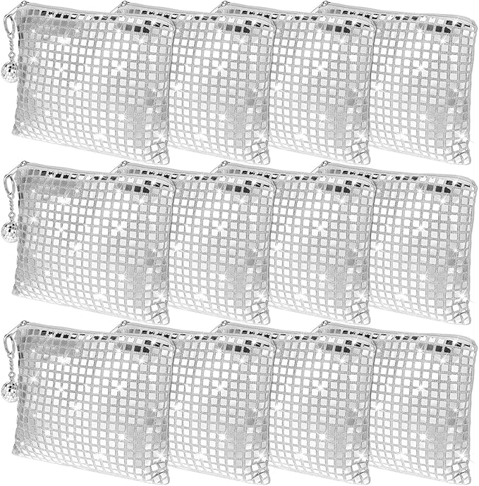 12 Pcs Disco Cosmetic Bags with Zipper Disco Party Favors Silver Glitter Sequin Mirror Makeup Bags for Bachelorette Bridal...