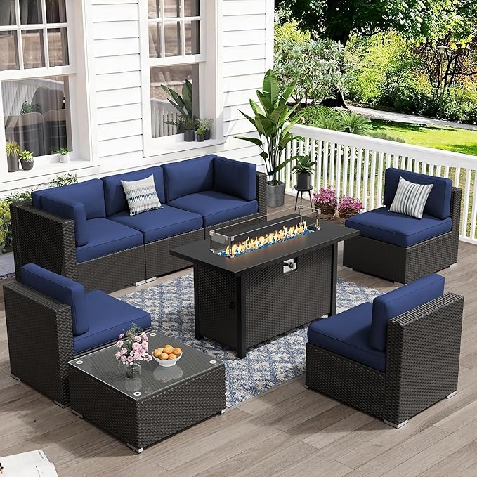 Crownland 8-Piece Outdoor Patio Furniture Sets with 45” Propane Gas Fire Pit Table, All-Weather Black Wicker Rattan Sectional Sofa with Coffee Table(Dark Blue)