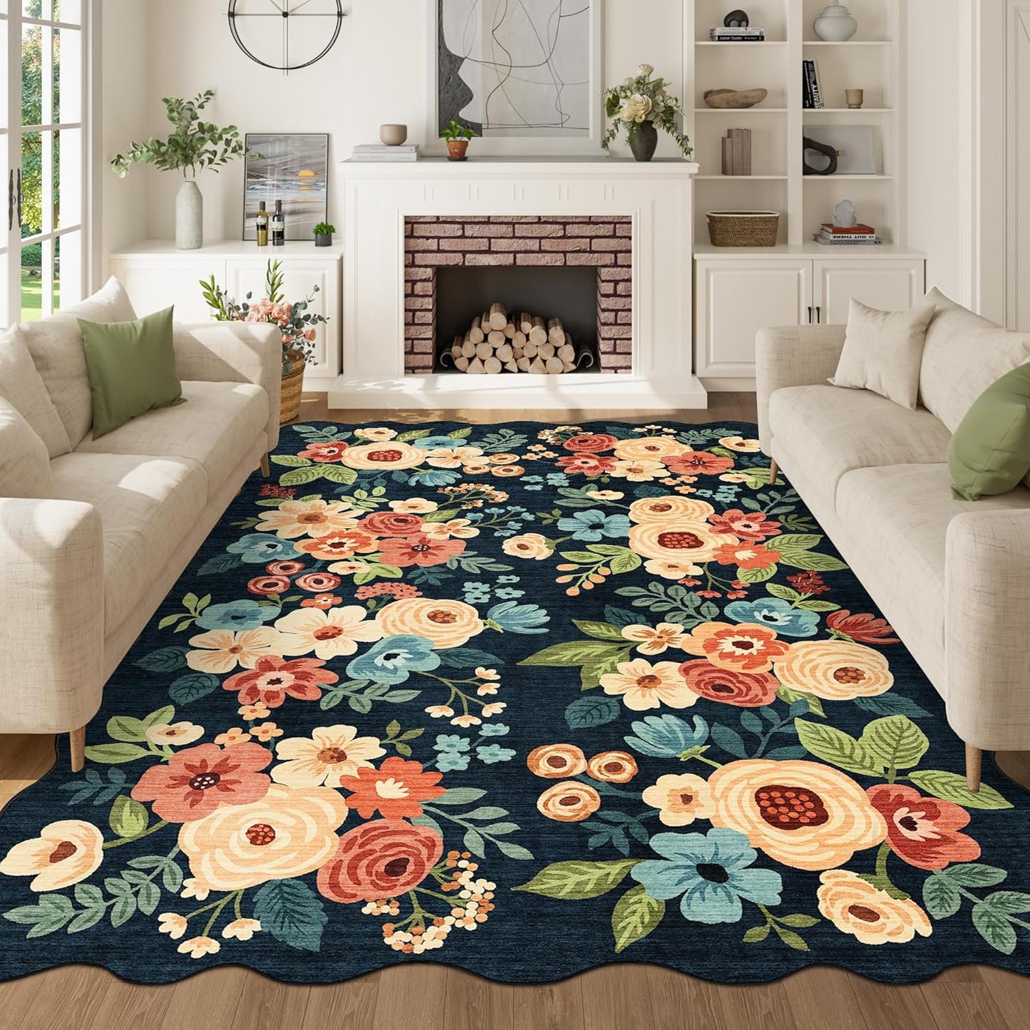 DUKINO 6x9 Area Rug, Floral Washable Rugs for Living Room with Non Slip Backing & Non-Shedding, Lightwight Low Pile Boho Design Large Carpets for Bedroom, Living Room, Dining Room, Navy Blue