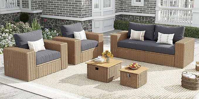 AMERLIFE 6-Piece Patio Sofa Set with Convertible Coffee Table - 8.3" Wide Armrests, UV-Resistant PE Rattan Outdoor Conversation Set for Balcony/Poolside, Waterproof Grey Cushions, Heavy-Duty Wicker
