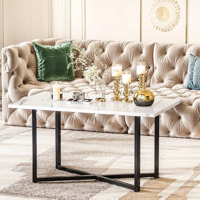 AWQM Coffee Table Set of 3, Industrial Coffee Table with 2 Square End Side Tables, Modern Living Room Table Set with Metal Frame for Apartment Home Office