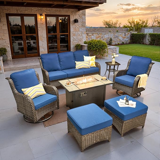 ovios 7 Pieces Patio Furniture Set, Outdoor Wicker Sofa Couch with Swivel Chairs 42" Fire Pit Table, High Back Modern All Weather Conversation Sets, Brown Rattan, Navy Blue