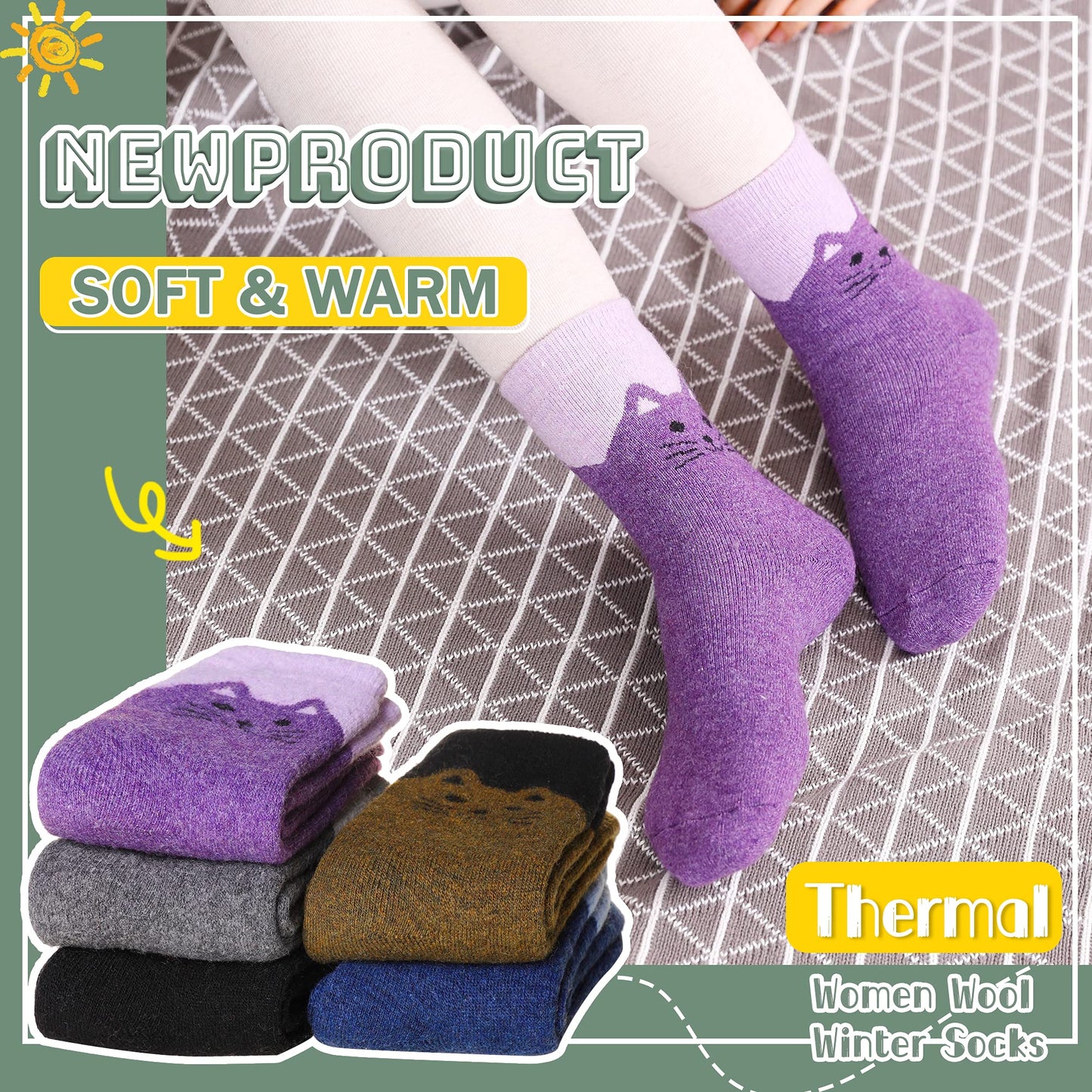 Velice Women Wool Socks Thick Thermal Hiking Warm Winter Crew Cushion Cozy Work Boot Socks 5 Pairs(Cat)