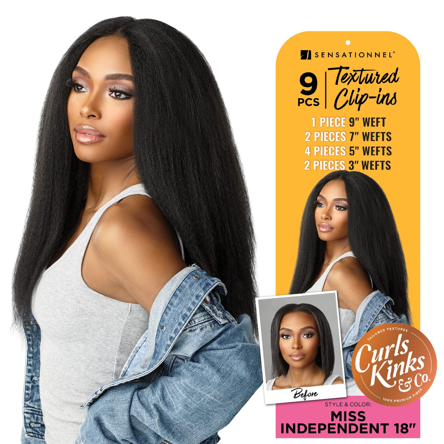 Sensationnel Curls Kinksandco Clip In - Miss Independent 18 Inch 9 Piece Pack Easy to Use Clips for Natural 3C to 4C Hair (1B OF