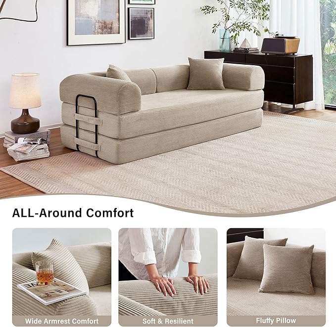 79" 5-in-1 Folding Convertible Sofa Bed, Oversized Corduroy Futon Floor Couch with Pull-Out Sleeper, Modular Boneless Loveseat for Small Spaces, Living Room, Bedroom (Beige)