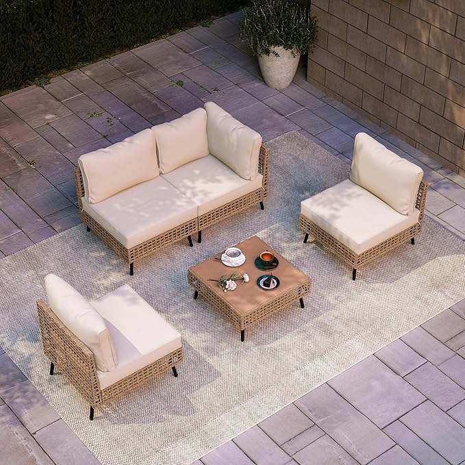 LAUSAINT HOME 5 Pieces Outdoor Sectional Sofa Set, All-Weather PE Wicker Rattan Patio Conversation Set with Thick Cushions & Coffee Table, Patio Furniture Set for Garden, Backyard, Porch (Beige)