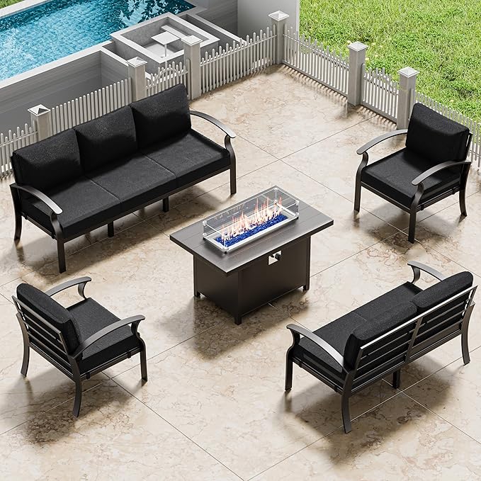 RTDTD Aluminum Outdoor Patio Furniture Set,5 Pieces 7 Seats Patio Conversation Sets with 45" Propane Fire Pit Table,Metal Patio Sectional Furniture Set w/5.1" Cushions for Porch,Deck,Backyard,Black
