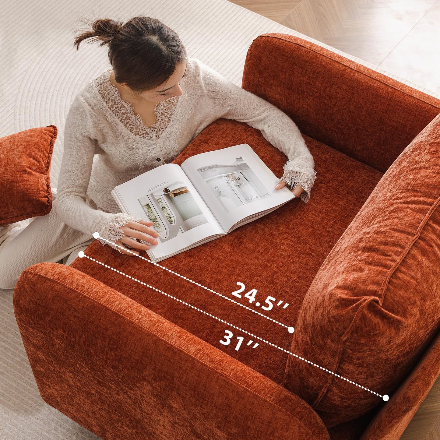 Rexulqo Oversized Accent Chair with All Seats Storage,Comfy Living Room Chairs with 2 Throw Pillow,Upholstered Mid-Century Armchair,24.5'' Deep Seat,Reading Chair for Bedroom,Office,Chenille,Orange
