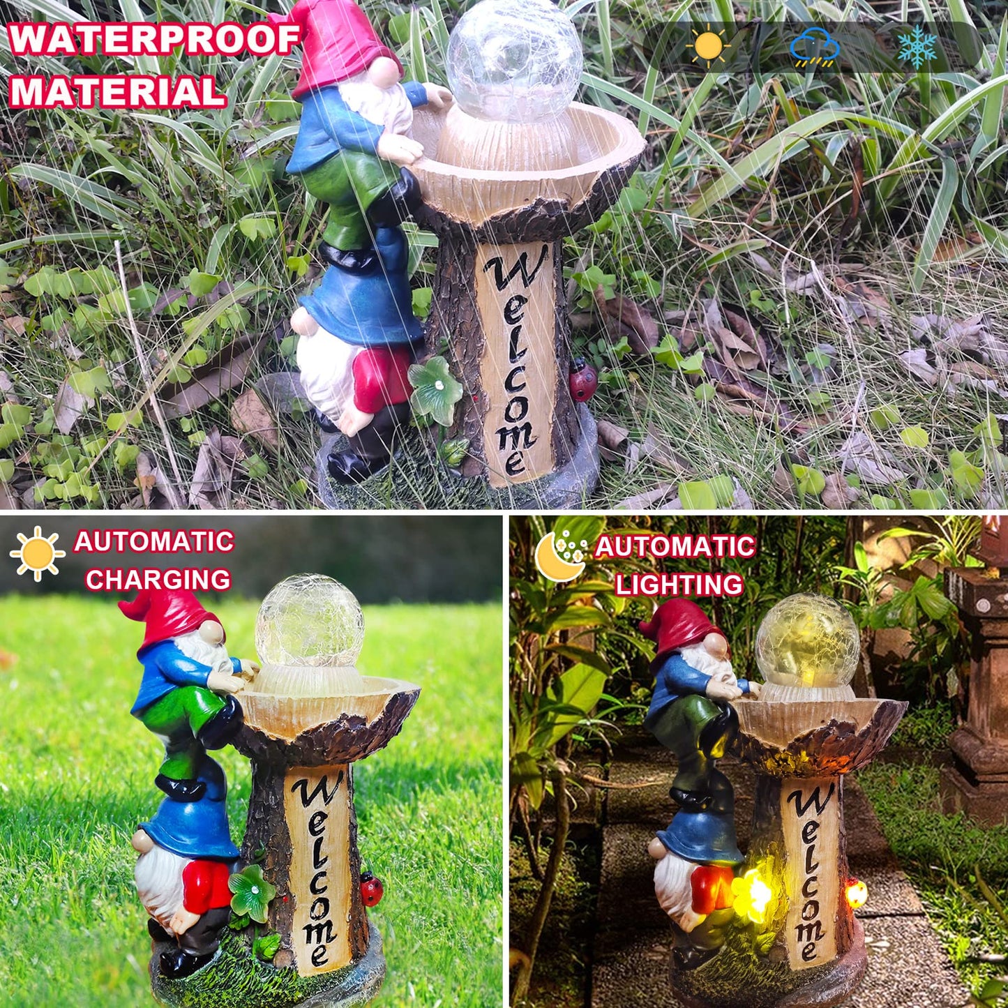 Binqiuu Garden Gnome Statues, Garden Statues for Outside with Solar LED Lights,10.4 in Funny Double Gnomes Sculptures Outdoor Decorations for Yard, Ideal Gnomes Gifts for Women/Grandma/Mom