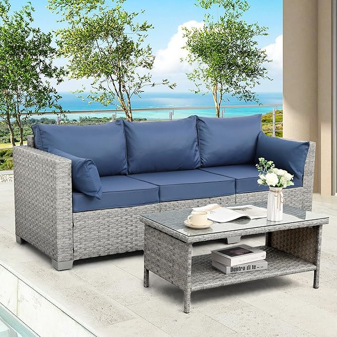 WAROOM Outdoor Couch 3 Seater Wicker Patio Sofa Grey Rattan Deep Seat Balcony Furniture Porch Seating with Navy Blue Cushion