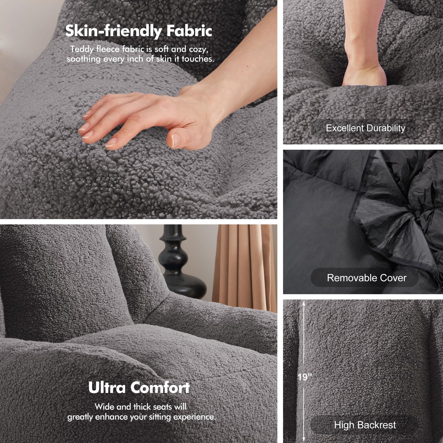 Homguava Bean Bag Chairs for Adults,Giant Beanbag Couch Adult Bean Bag Chair with Filler Included,Modern Lazy Sofa Comfy Chair for Living Room(Dark Grey)