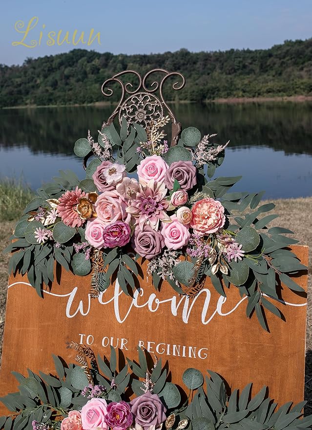 Wedding Arch Flowers, Artificial Floral Decor for Wedding Ceremony & Reception, Standard Size Large Flower Swag Set for Backdrop & Welcome Sign, Pack of 2 (Dust No. 1)