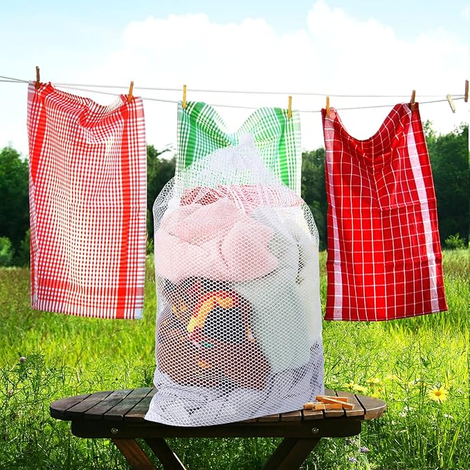 TecUnite 10 Pcs Mesh Bags Drawstring Laundry Bags Large Nylon Mesh Gift Dishwasher Bag with Sliding Drawstring for Kitchen Jewelry Gifts Wedding Favor Home(12 x 16 Inch,White)