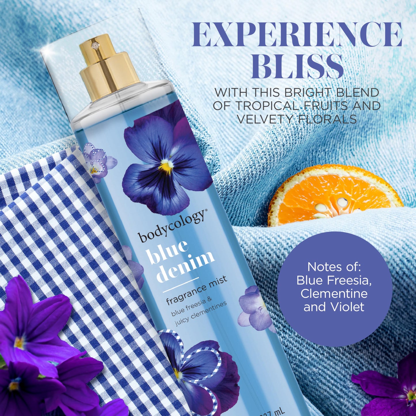Bodycology Long-Lasting Fragrance Body Mist, Blue Denim, 8 fl oz (Pack of 2)
