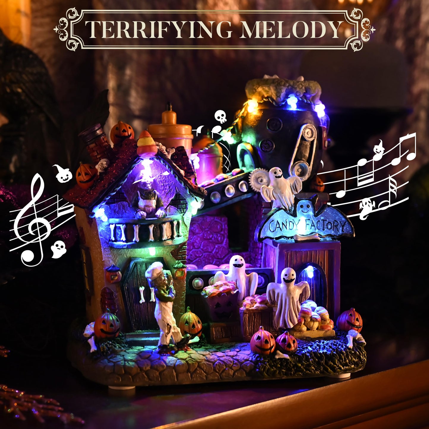Valery Madelyn Halloween Decorations, Lighted Halloween Village Houses with Music and LED Lights, Resin Haunted House Spooky Town Scary Candy Factory for Home and Party Table Desk Mantel, 8 Inch