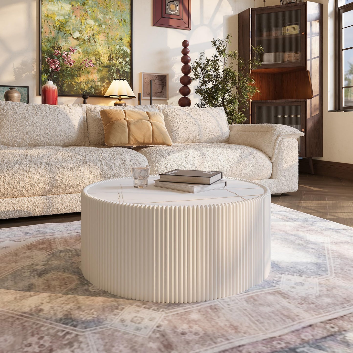 GDFStudio Modern Round Coffee Table, Luxury Sintered Stone Top Circle Coffee Table with PU Leather Drum Base, Creative Shape Small Tables for Living Room Side Tables, Fully Assembled, Milk White-Large