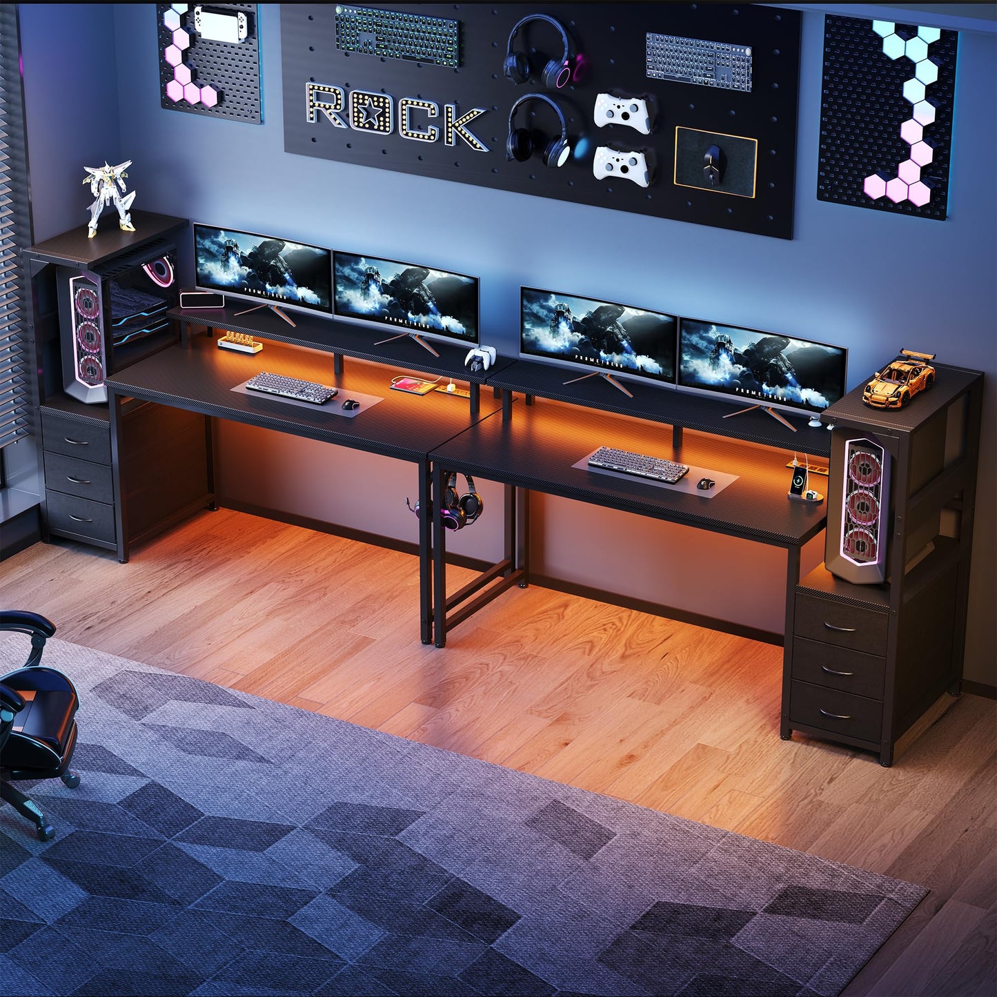 DUMOS 59-Inch L-Shaped Gaming Desk with LED Lights, Power Outlets, Storage Drawers & Shelves Computer Desk with PC Stand and Cable Management for Bedroom Dual Monitor Streaming, Black