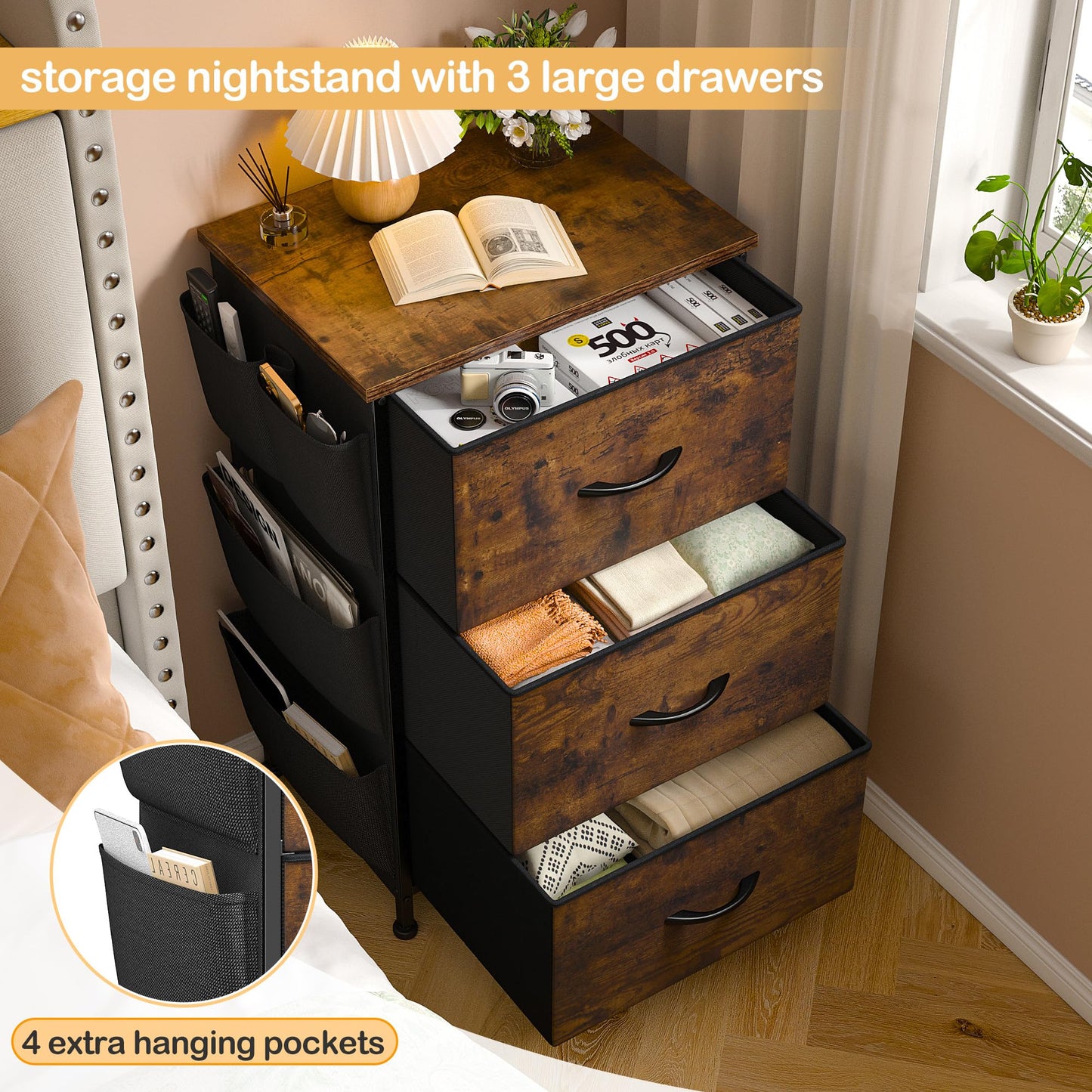 Night Stand Set 2, Night Stand with Drawers for Bedroom, Bedside Table with Wooden Top, Sturdy Steel Frame End Table, Dorm Nightstand for Bedroom, Entryway, Hallway, Cloth Bags, Hooks, Rustic Brown