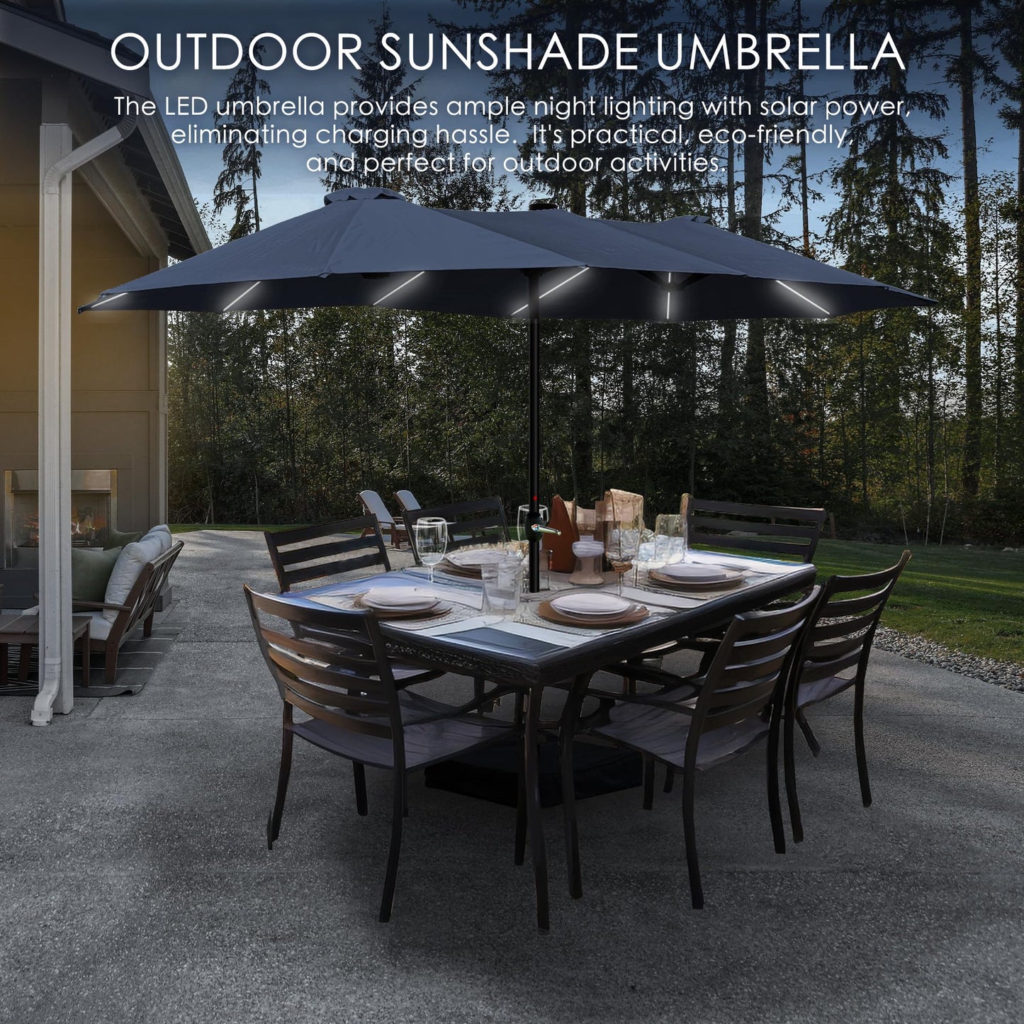 Kozyard 15ft Large Patio Umbrella with Solar Lights Outdoor Umbrella Effortless Crank Lift, Sturdy Weather-Resistant Canopy for Garden Deck Poolside Patio (NavyBlue W/SolarLight)