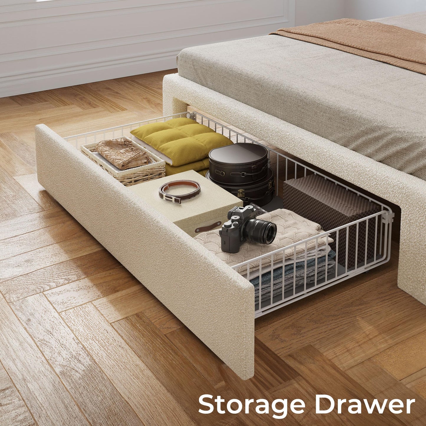 Rolanstar Twin Bed Frame with Drawer, Storage Headboard with Charging Station and LED Lights, Upholstered Bed with Heavy Duty Wood Slats, No Box Spring Needed, Noise Free, Easy Assembly, Beige