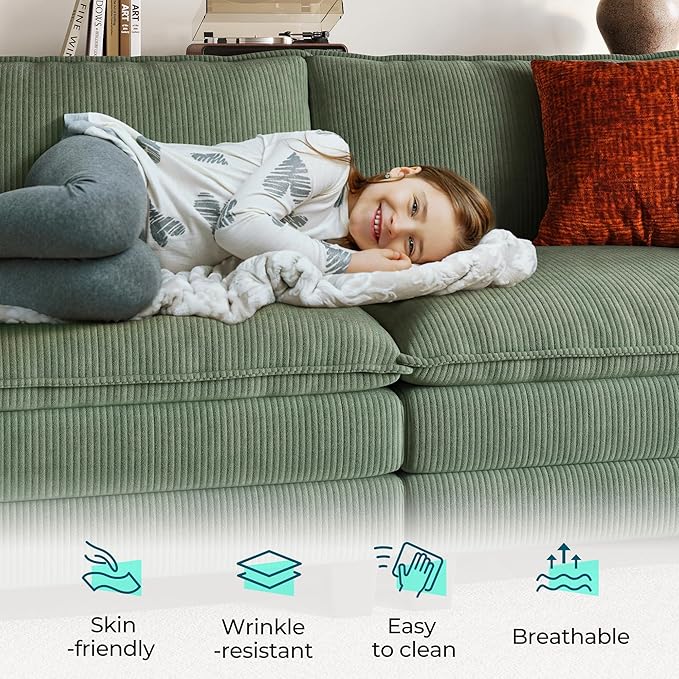 LINSY HOME 157'' Modular Sectional Sofa Green Couch Corduroy Cloud Couches for Living Room, U Shaped Couch with Movable Ottoman, Modern Cloud Sectional Sofas for Bedroom and Apartment, Green