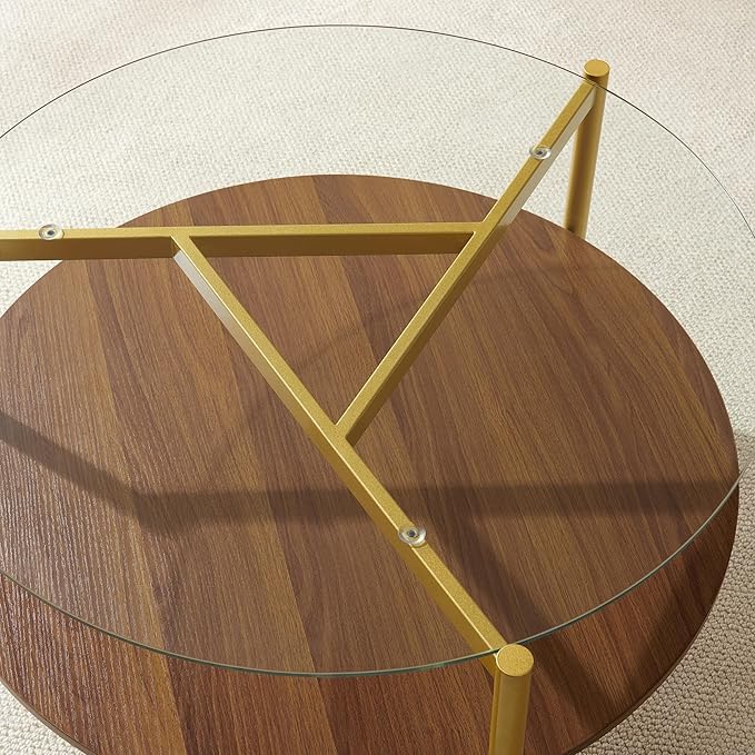 Pine Flicker Round Coffee Table, Mid-Century Modern Design, D30*H17 inch, for Living Room, 2-Tier Structure, Clear Glass Top and Walnut MDF Shelf, Sleek Conical Metal Legs with Gold Finish