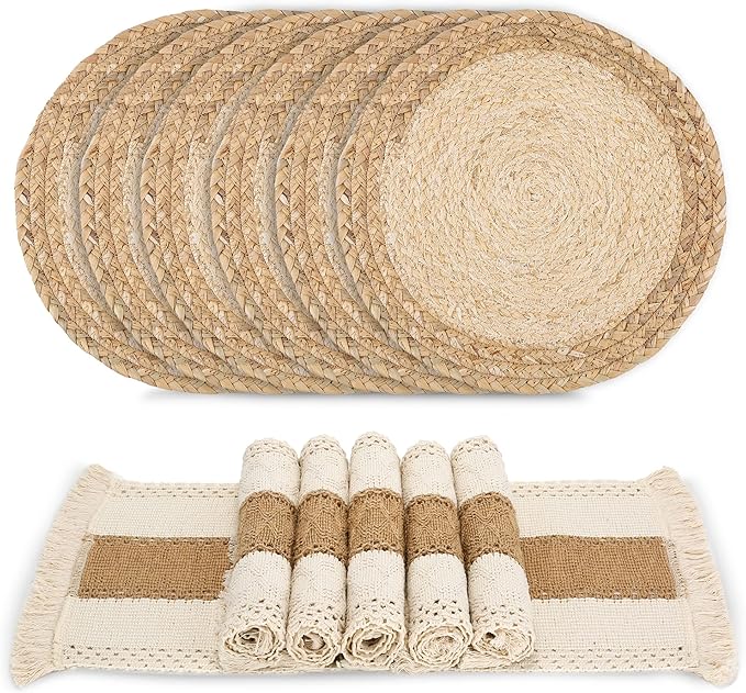 Zology Handmade Boho Placemats Set of 6 - Natural Cotton Burlap and Water Straw Woven Combination Table Mats, Macrame Déco...