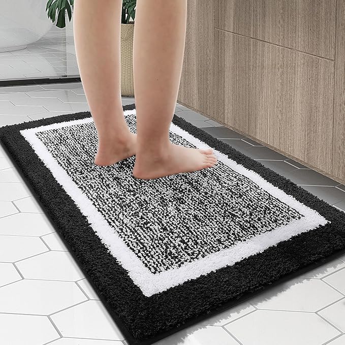 OLANLY Bathroom Rugs 47x24, Extra Soft and Absorbent Microfiber Bath Mat, Non-Slip, Machine Washable, Quick Dry Shaggy Bath Carpet, Suitable for Bathroom Floor, Tub, Shower (Runner, Black)