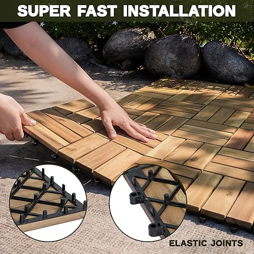 VICTORY RELAX Acacia Wood Decking Tiles 27PCS - Easy Snap Interlocking Deck Tiles for Patio Poolside Balcony Decor - All Weather Waterproof Flooring for Indoor & Outdoor (Round Joints)