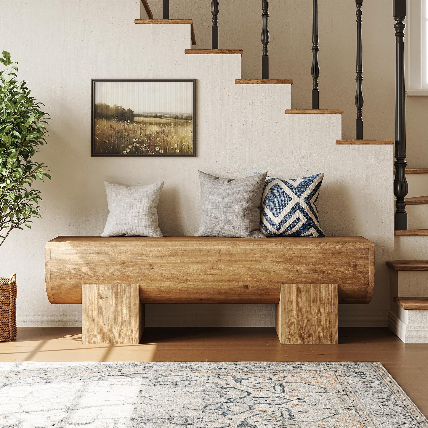 TRIBEWOOD 47 Inch Wooden Entryway Bench, Solid Wood End of Bed Bench Seat, Farmhouse Indoor Bench for Bedroom, Hallway, Living Room, Brown
