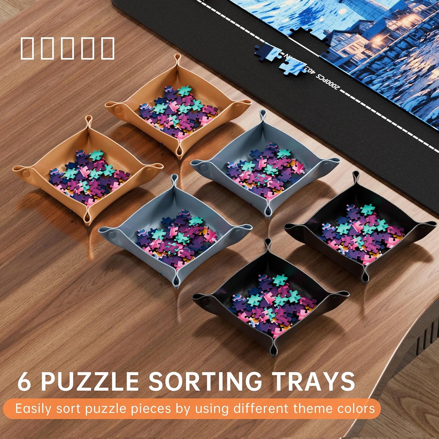 Lwoeo Jigsaw Puzzle Mat Roll Up 2000 Pieces, Black 48.4” x 30.7” Smooth Top Saver Pad, Large Puzzel Matt Rollup with 6 Sorting Trays & Travel Storage Bag for Sorting Table, Board, Puzzles Mats