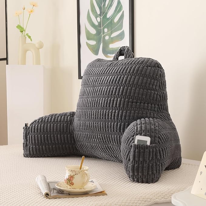 PAJEO Reading Pillow for Sitting in Bed, Large Backrest Reading Pillow with Arm Rest,Back-Rest Support Cushion for Sit Up on Couch, Sofa, and Floor, Dorm Essentials (Grey Corduroy, Large(19"))